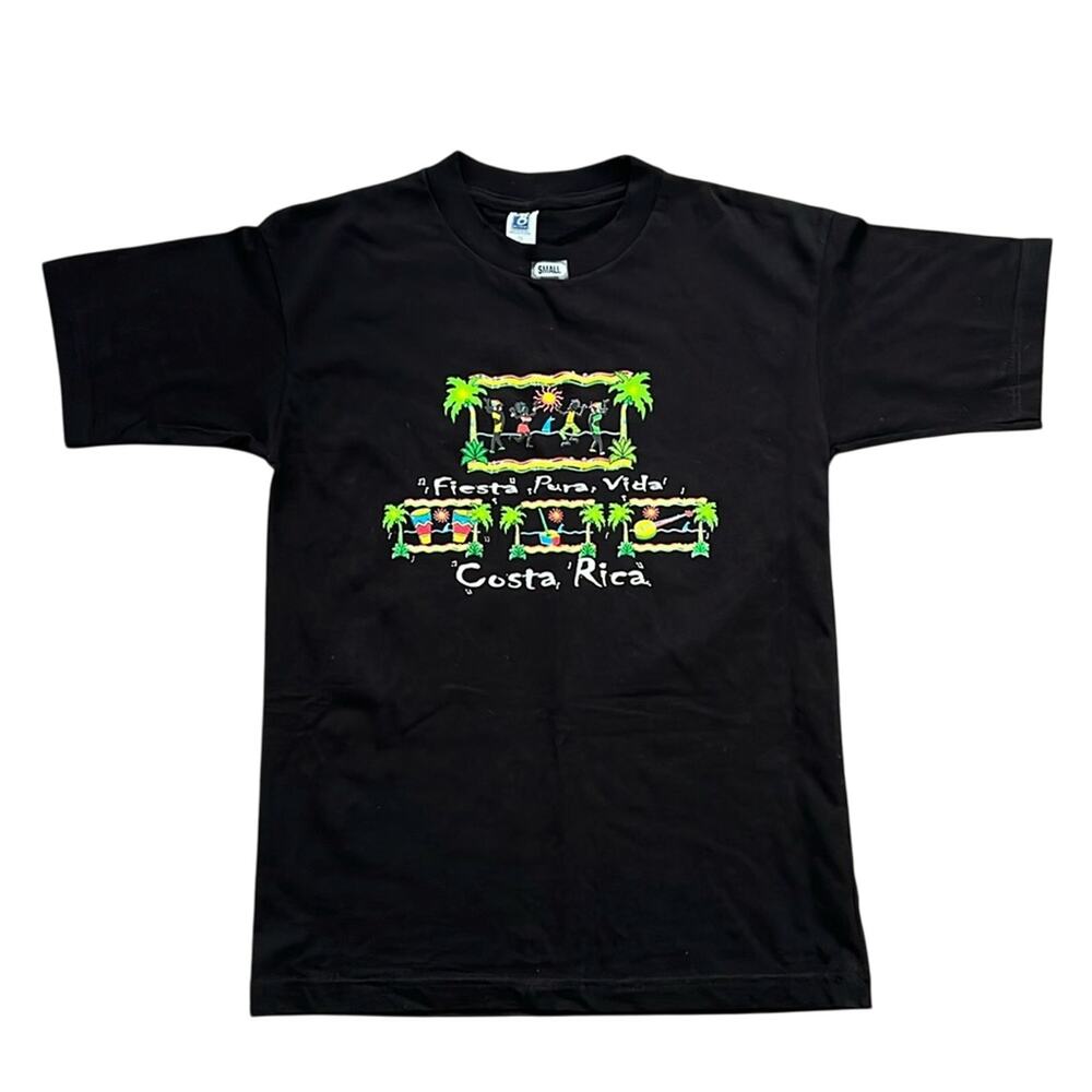 Costa Rica‎ Fiesta Pura Vida Palm Trees Beach Party Black Graphic T-Shirt Size S